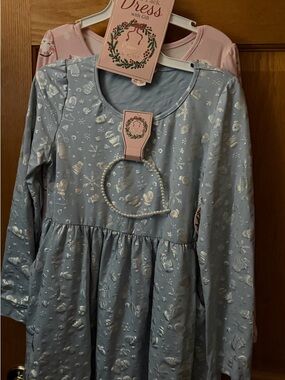 Emma & Elsa Two Pack Light BlueDress with Silver Snowflakes & Pink w/ cats